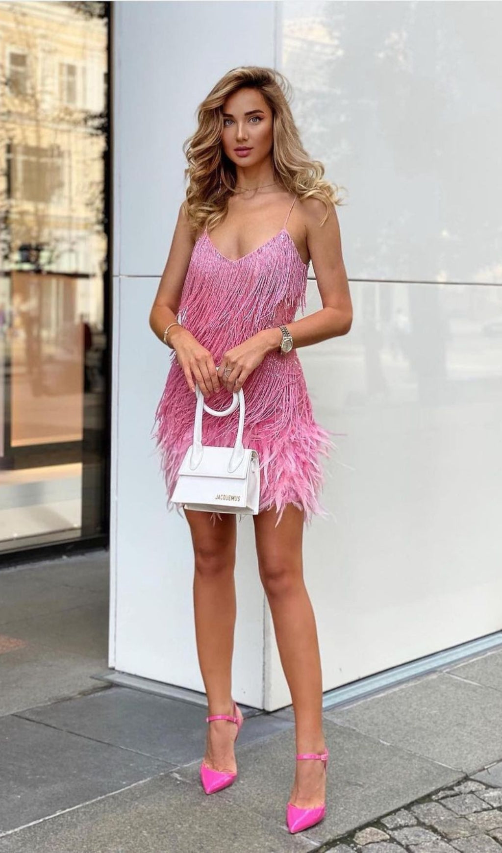 Pink Tassel Feather Mini Dress
