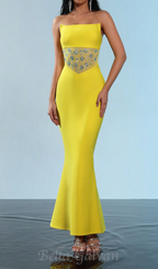 Flowering Girl Women mesh splice rhinestone decor yellow maxi bandage dress