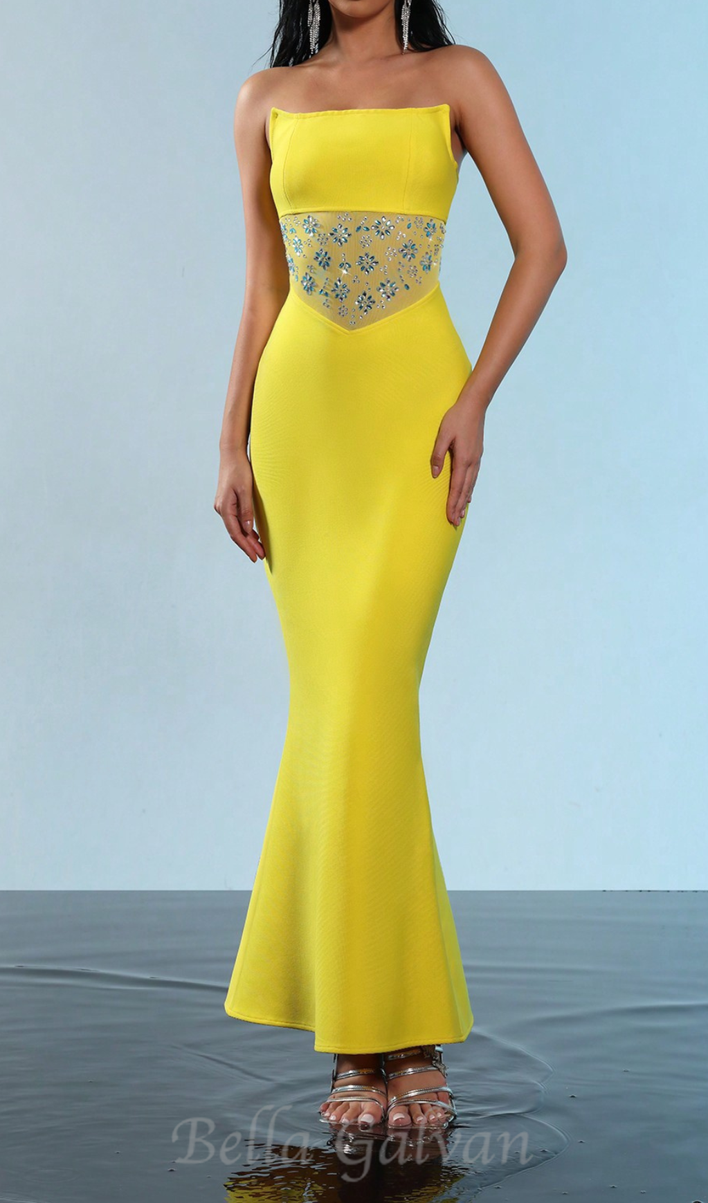 Flowering Girl Women mesh splice rhinestone decor yellow maxi bandage dress