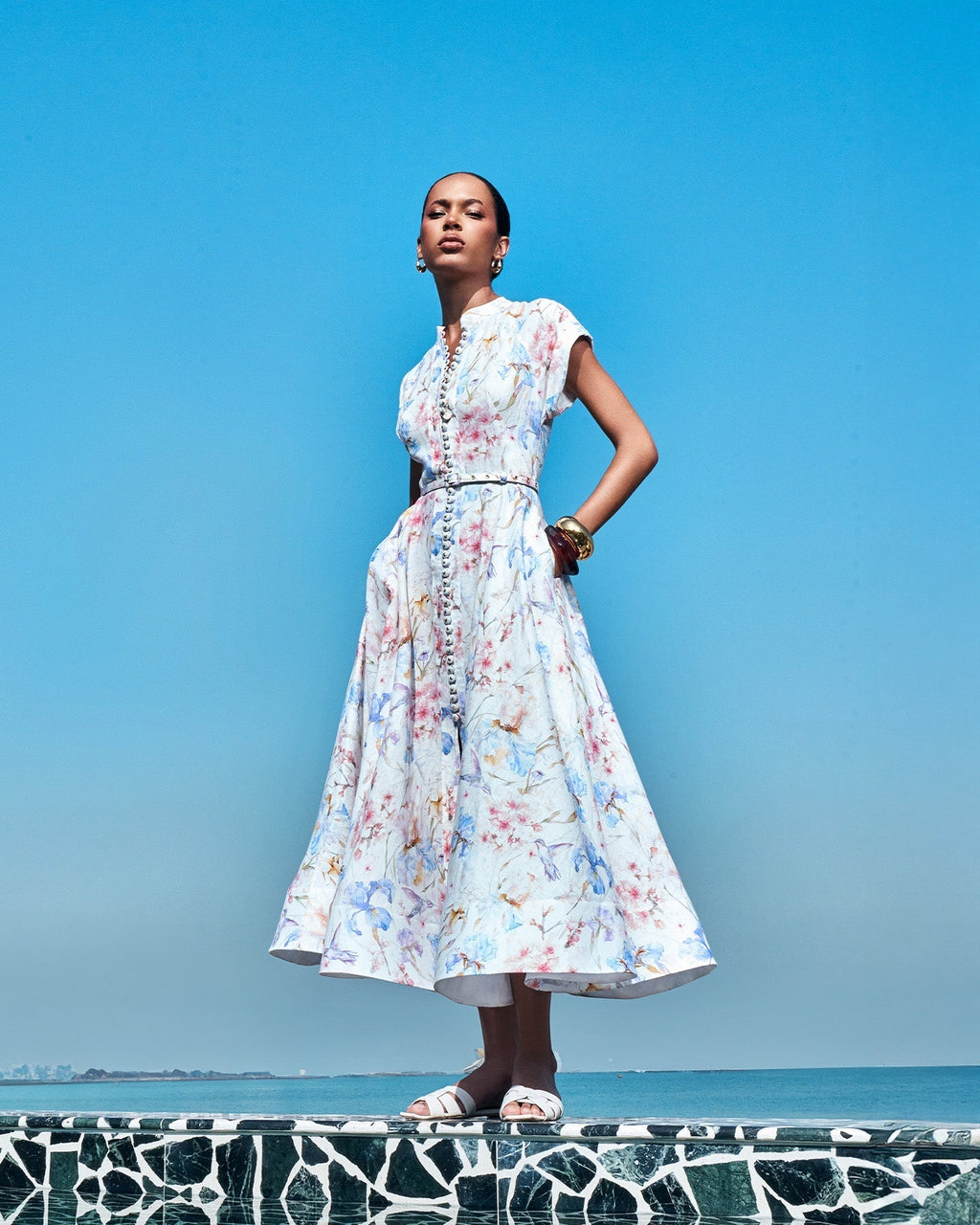multicolor floral print a-line midi dress