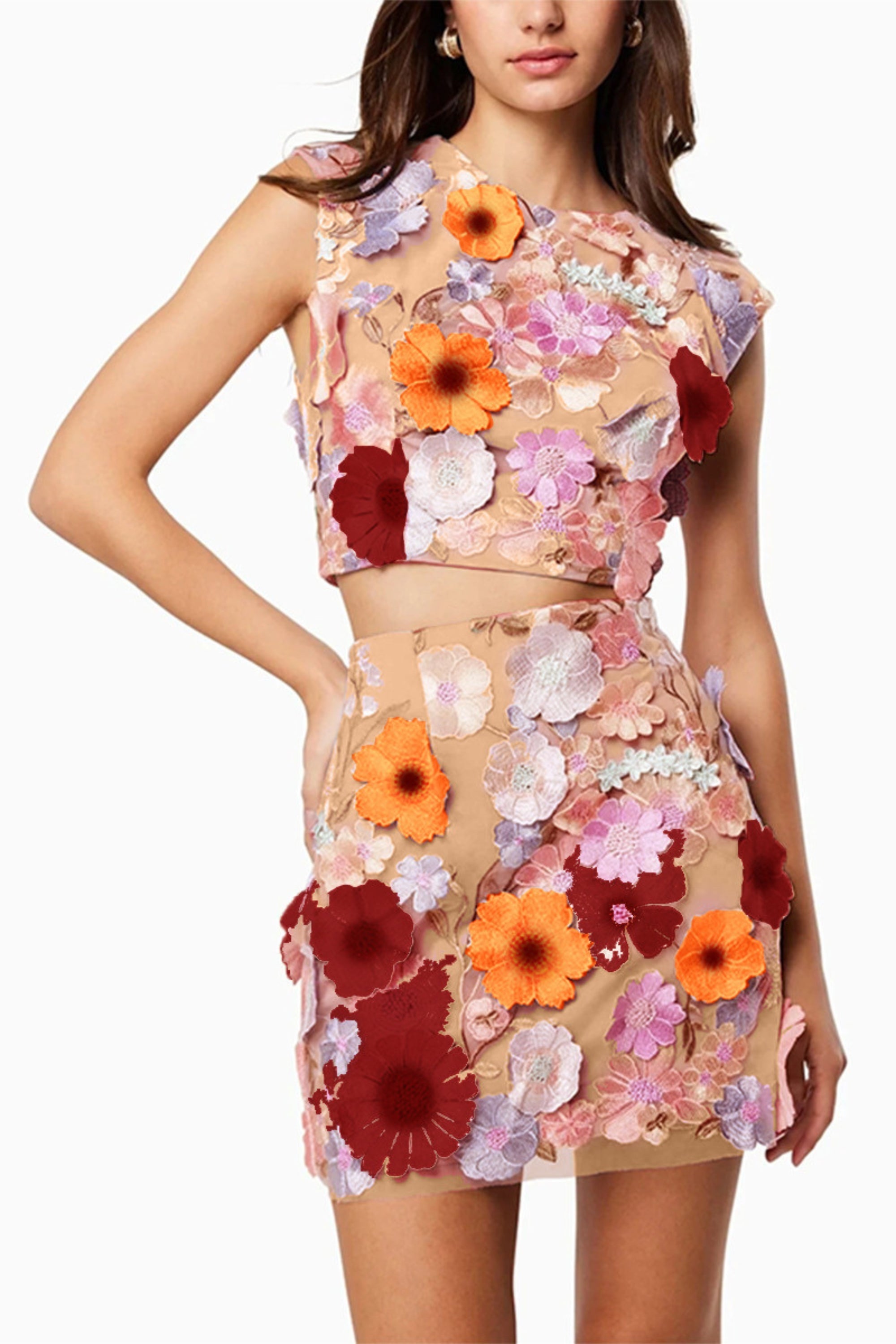 Flowering Girl Women Floral Crop Top Skirt Set In 3D Lace