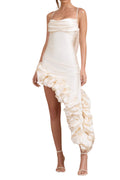 Flowering Girl Women Solid Color Floral Hip-Hugging Pleated Suspender Dress