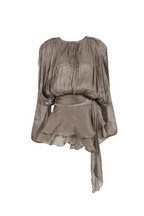 hermosa Balloon Sleeve Ruch Ruffle Mini Dress In Brown