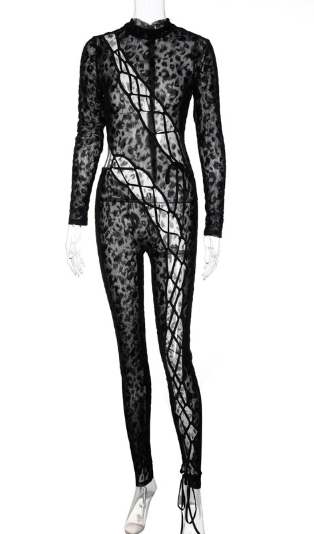 Flowering Girl Women Lace Up Leopard Printed Mesh Jumpsuit