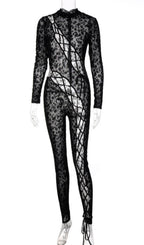 Flowering Girl Women Lace Up Leopard Printed Mesh Jumpsuit