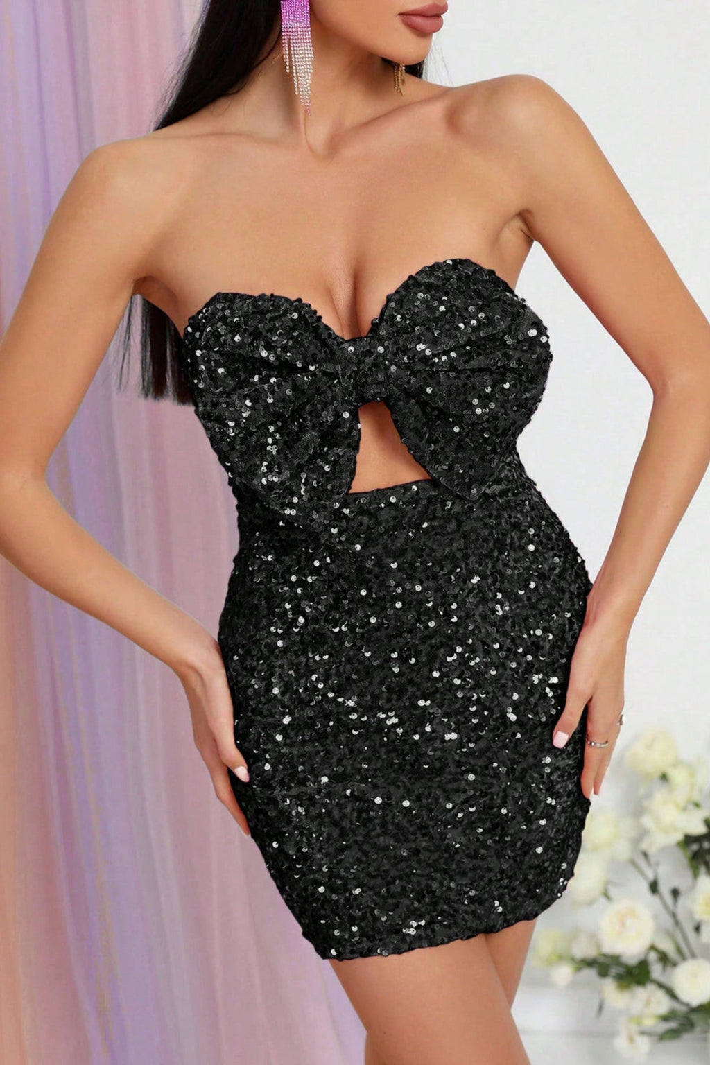 Flowering Girl Women Cut Out Front Bodycon Sequin Tube Mini Dress With Bow
