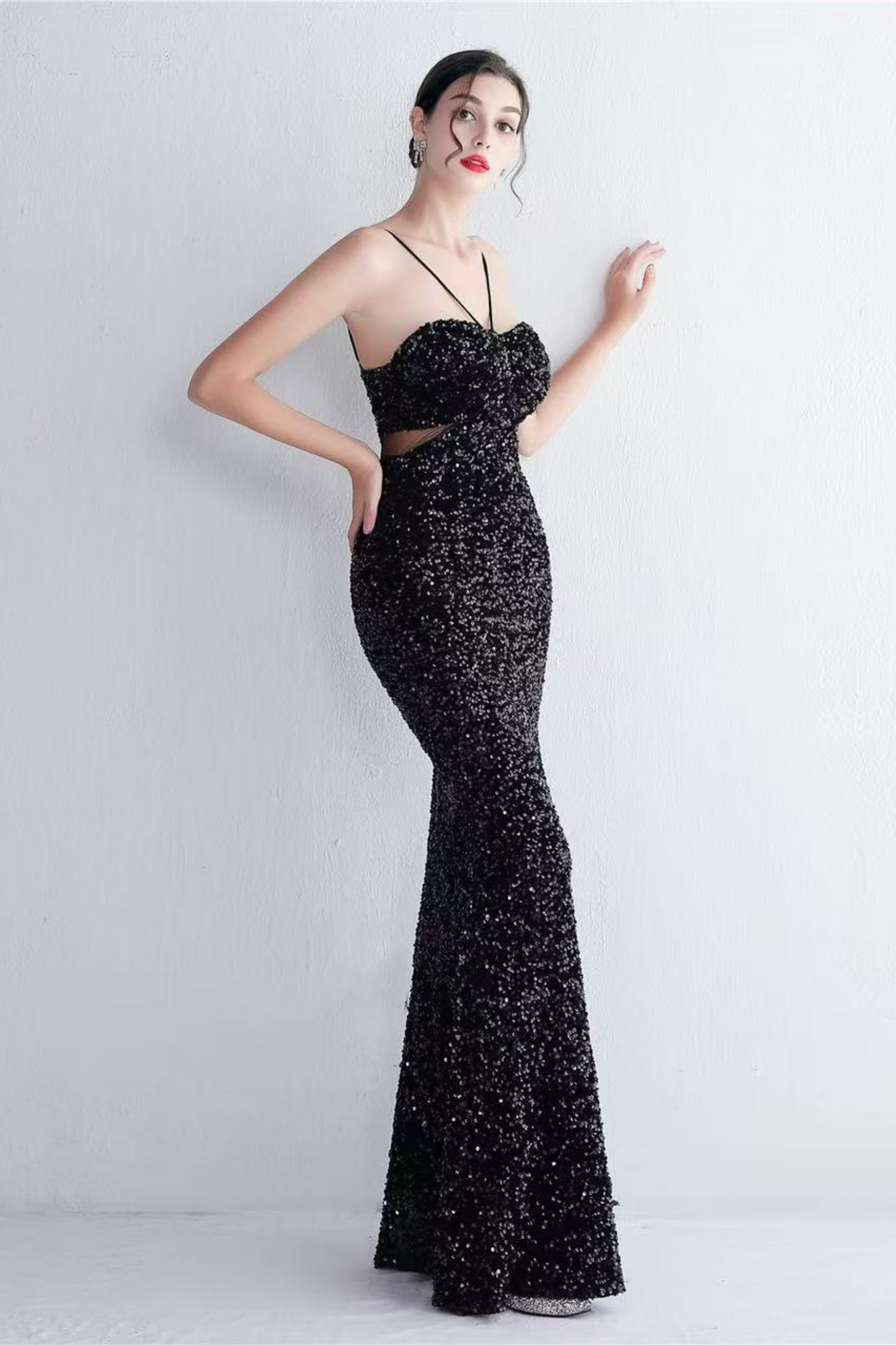 Flowering Girl Women Marian Black Cutout Sequins Halter Maxi Dress