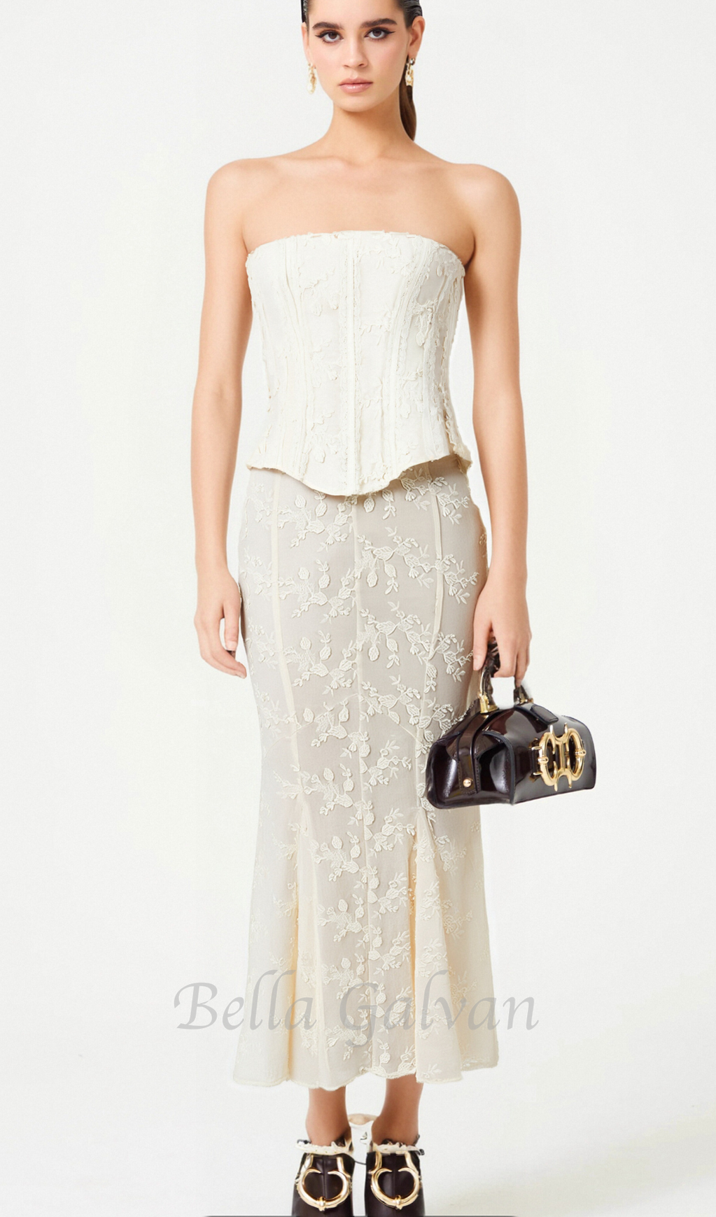 Flowering Girl Women vintage ivory embroidered strapless corset skirt suit