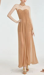 Flowering Girl Women Thea Strapless Mesh Backless maxi Dress in brown