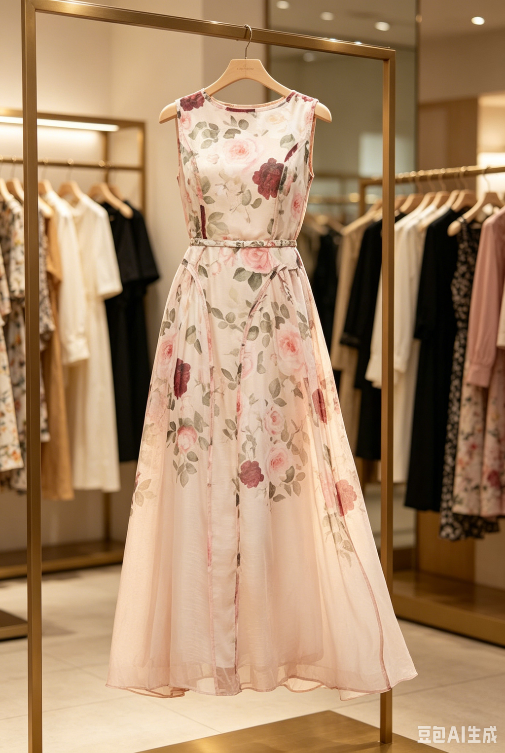 Sleeveless Rose Print Mesh Maxi Dress