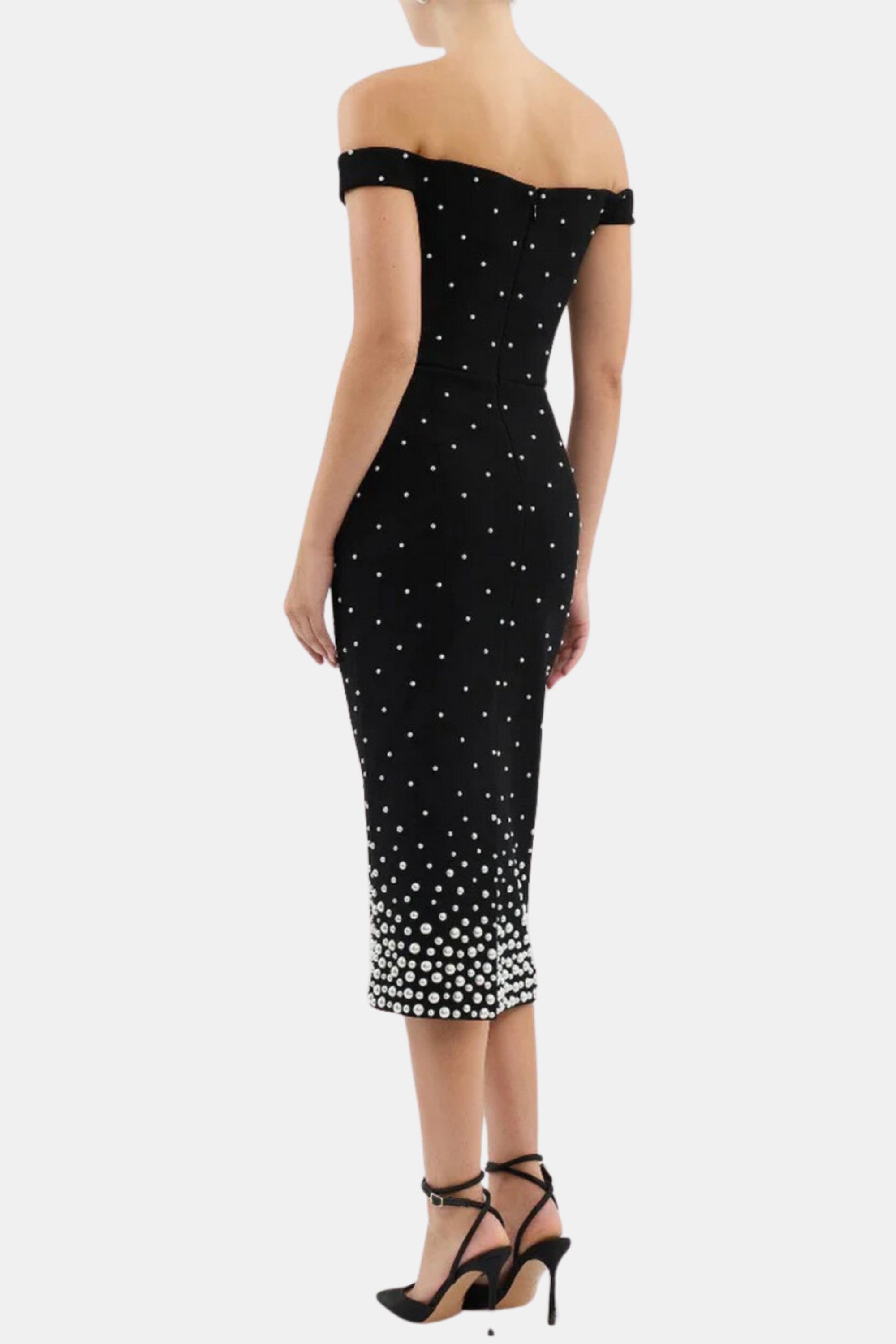 Flowering Girl Women Pearl Polka Dots Embellished Midi Dress In Black
