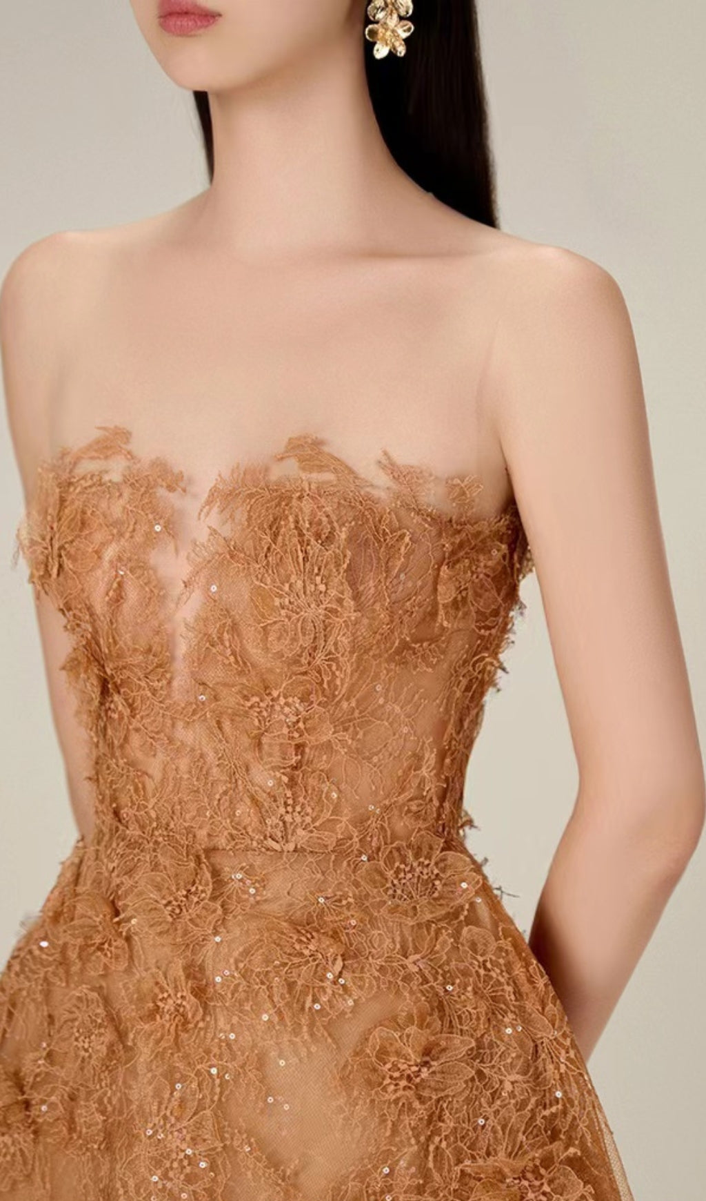 Flowering Girl Women CARAMEL FLORAL LACE EMBROIDER MIDI DRESS