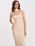Raizel Gold Beaded Sequin Bodycon Gown With Scarf