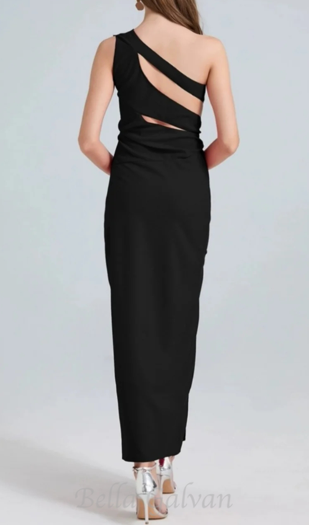 Flowering Girl Women one-shoulder cutout side slit maxi dress in black