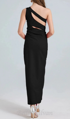 Flowering Girl Women one-shoulder cutout side slit maxi dress in black