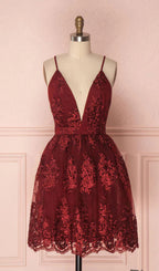 Flowering Girl Women V Neck Tulle Lace Short Burgundy Prom Dresses