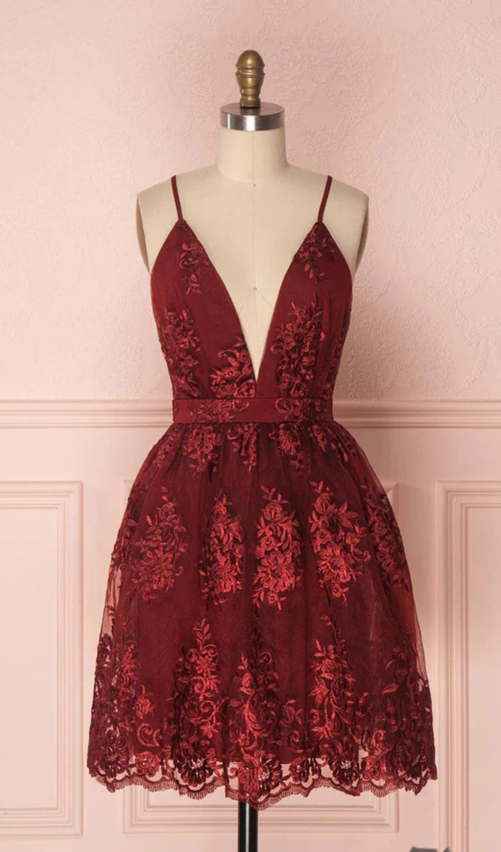 Flowering Girl Women V Neck Tulle Lace Short Burgundy Prom Dresses