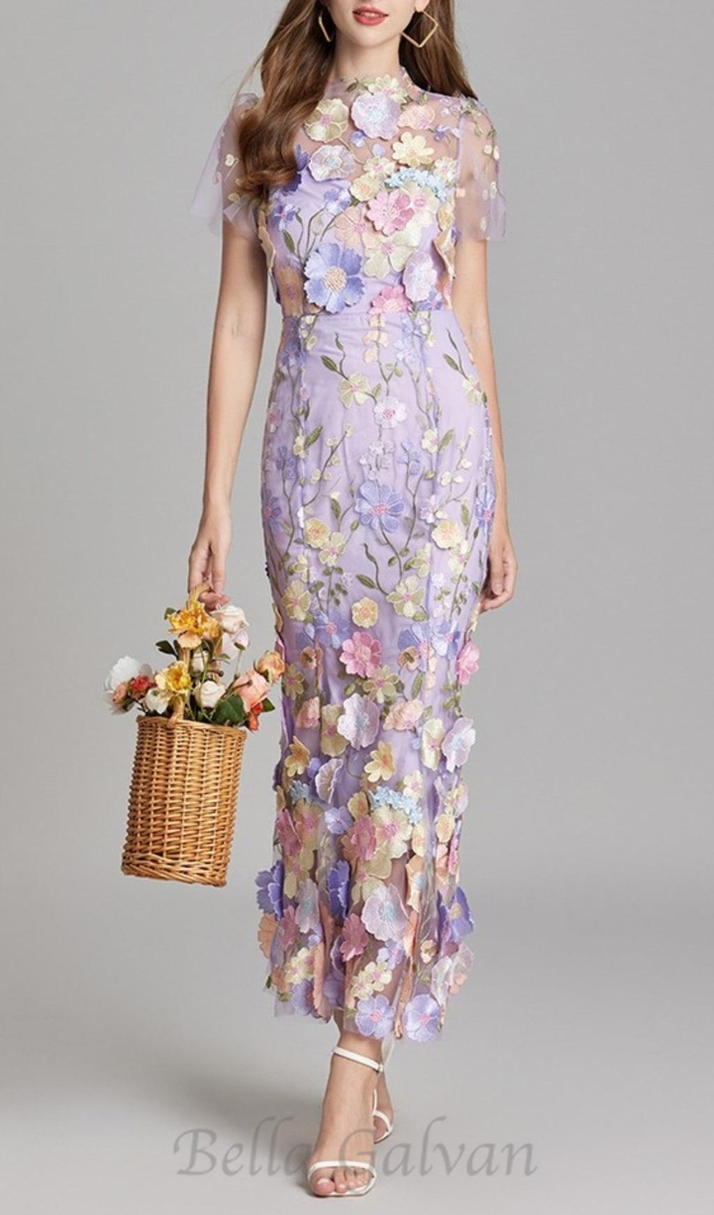 Flowering Girl Women FLORAL EMBROIDERY MESH FISHTAIL MIDI DRESS IN PURPLE