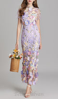 Flowering Girl Women FLORAL EMBROIDERY MESH FISHTAIL MIDI DRESS IN PURPLE