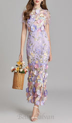 Flowering Girl Women FLORAL EMBROIDERY MESH FISHTAIL MIDI DRESS IN PURPLE