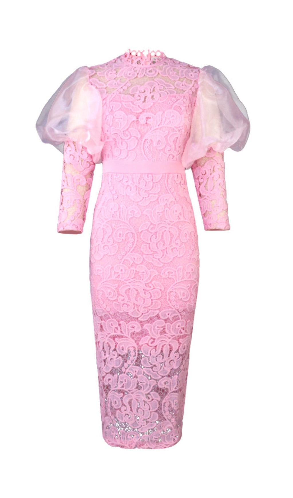 Flowering Girl Women Pink Puff Sleeve Lace Midi Dress
