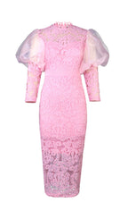 Flowering Girl Women Pink Puff Sleeve Lace Midi Dress