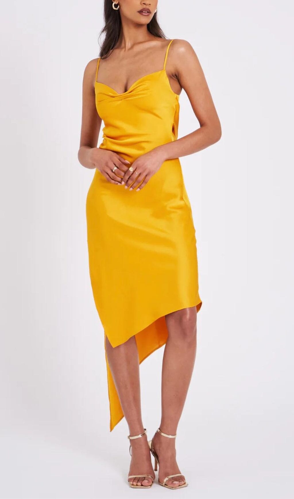 Flowering Girl Women Orange Satin Draping Midi Dress
