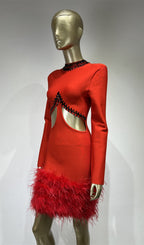 Flowering Girl Women RHINESTONE CUTOUT FEATHER BANDAGE DRESS IN RED
