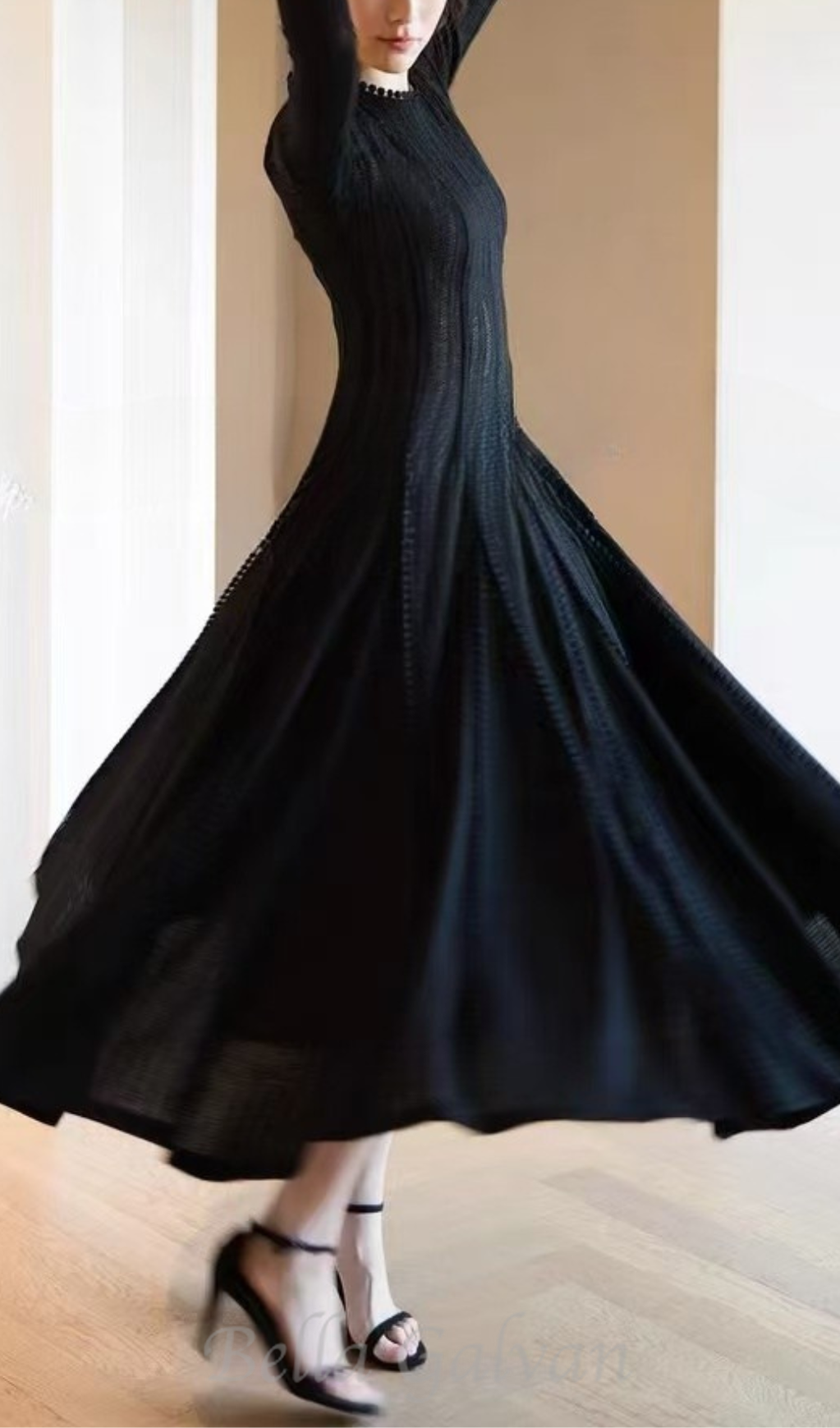Flowering Girl Women black crochet lace maxi dress with sleeves