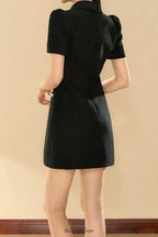 Flowering Girl Women pearl embellished gold chain puff mini dress in black