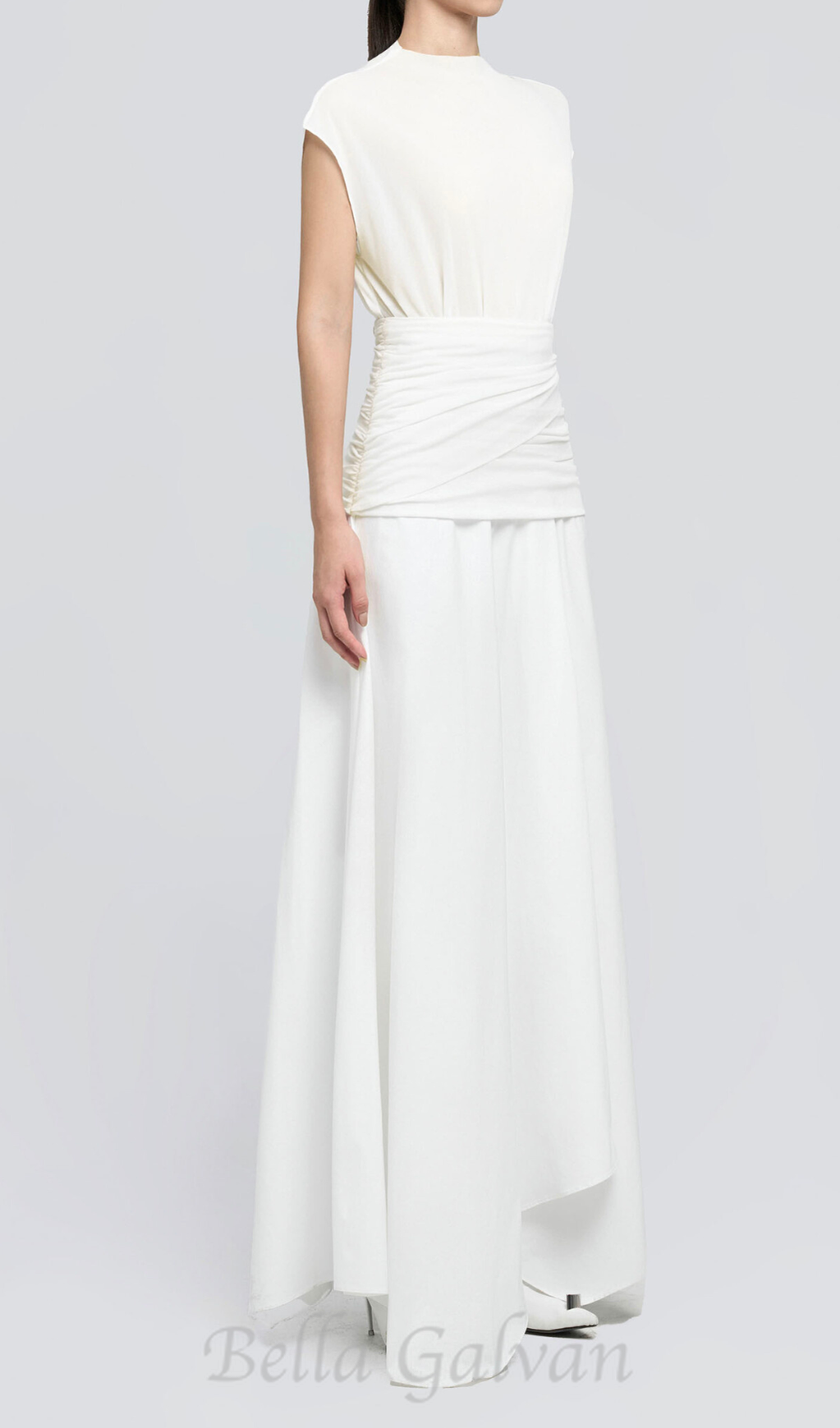 Flowering Girl Women white Waist cross pleats midi dress with asymmetric hemline