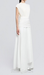 Flowering Girl Women white Waist cross pleats midi dress with asymmetric hemline