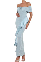 Flowering Girl Women Off Shoulder Ruffled Maxi Dress In Tinged Blue
