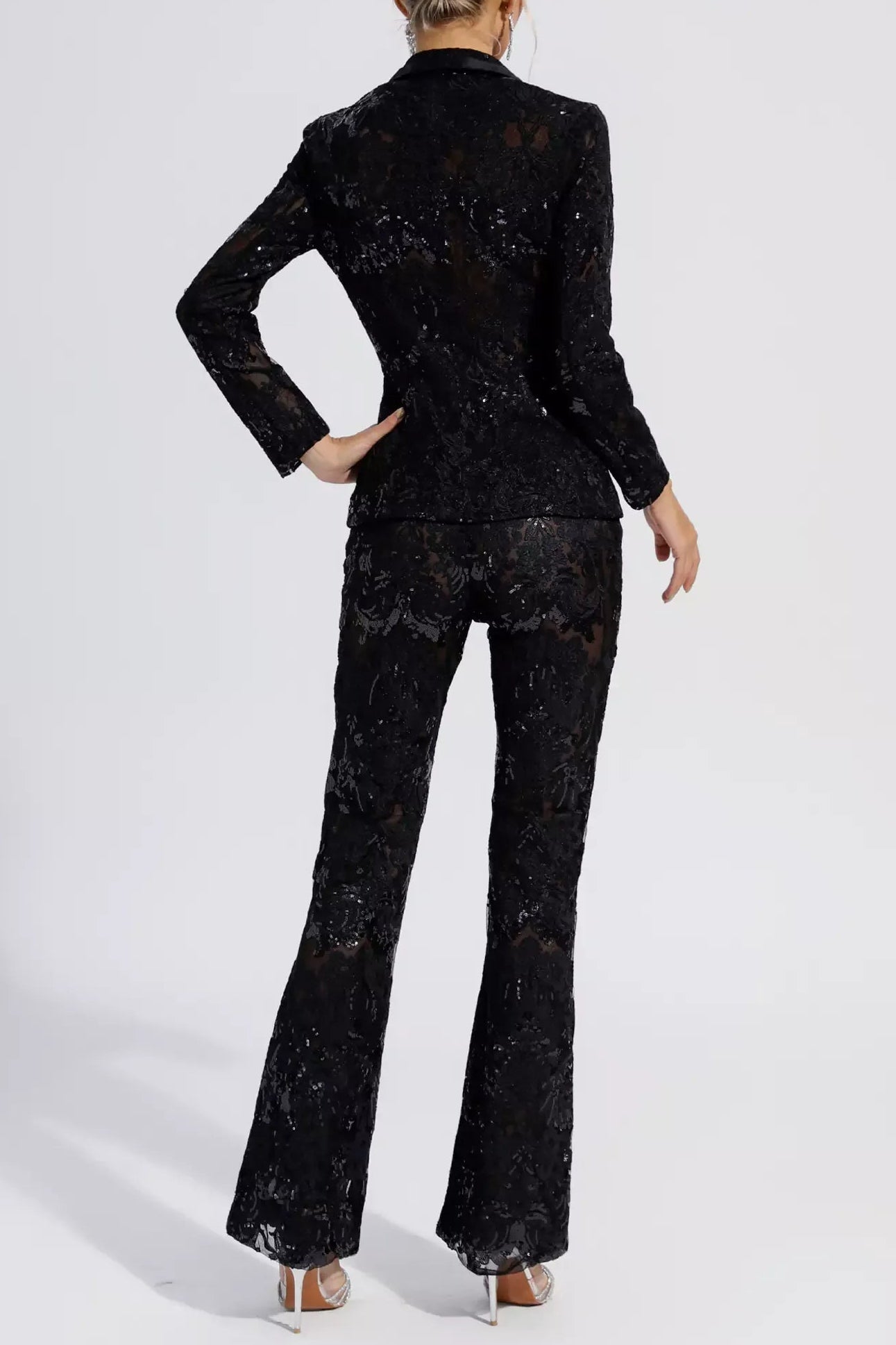 Vicky Black Cutout Floral Embroidered Sequin Blazer Set