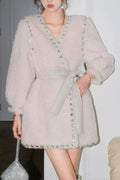 Flowering Girl Women Beige V-Neck Long Sleeve Diamond Stud Coat
