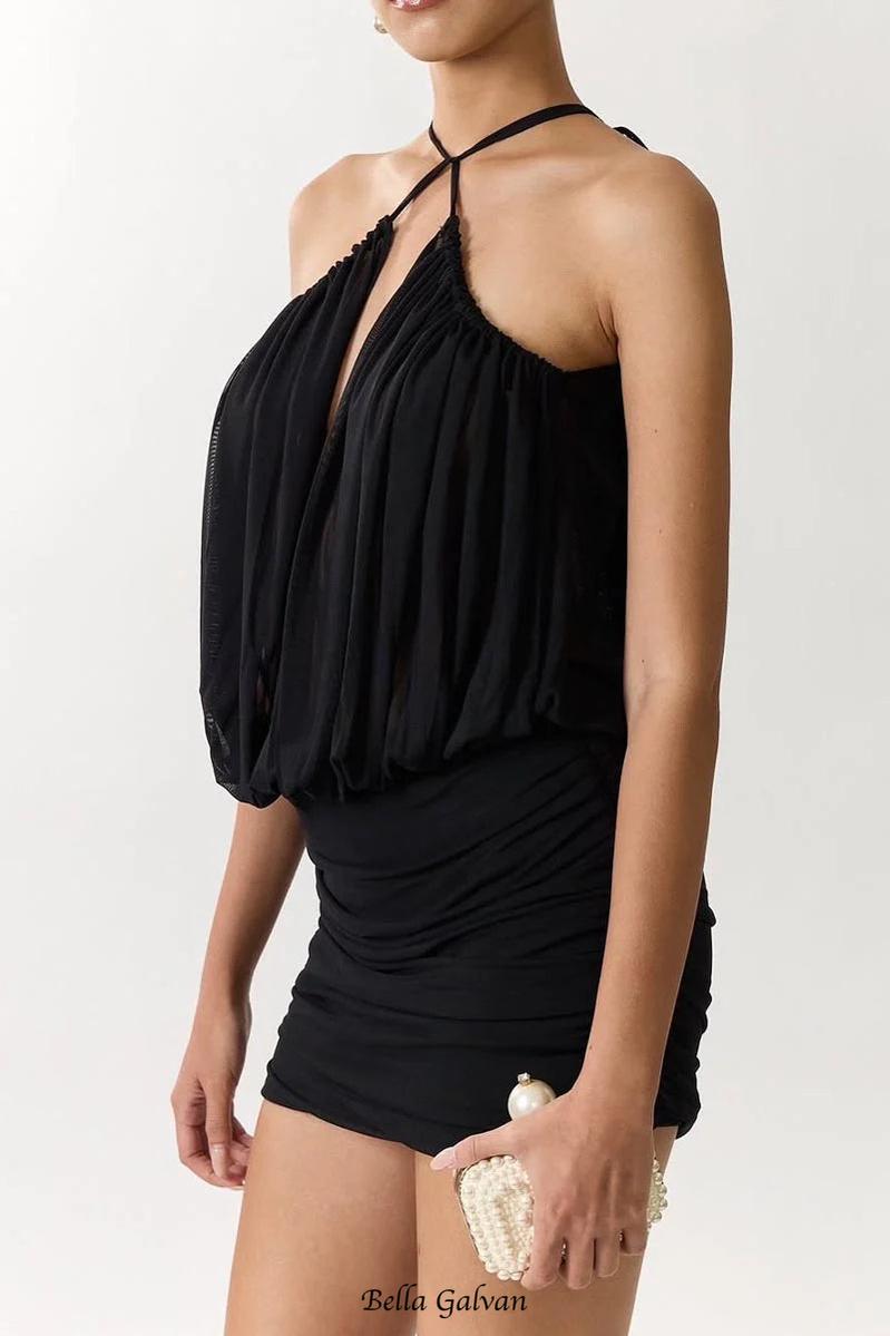 Flowering Girl Women cheryl ruched halter bodycon mini dress in black