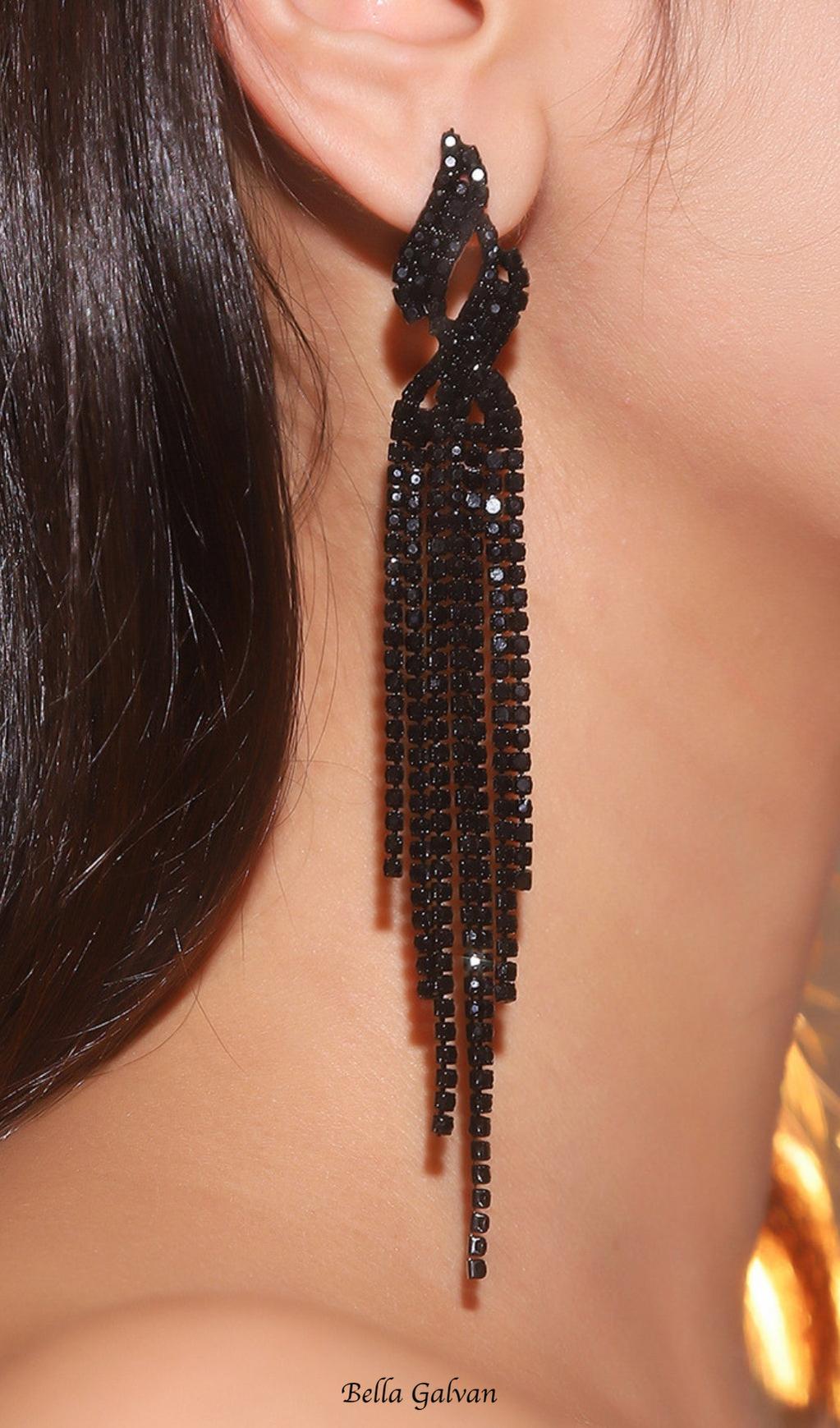 Flowering Girl Women Dunya Black Rhinestone Tassel Earrings