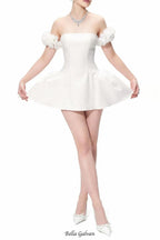 sherry Flower strapless puffy mini dress in white