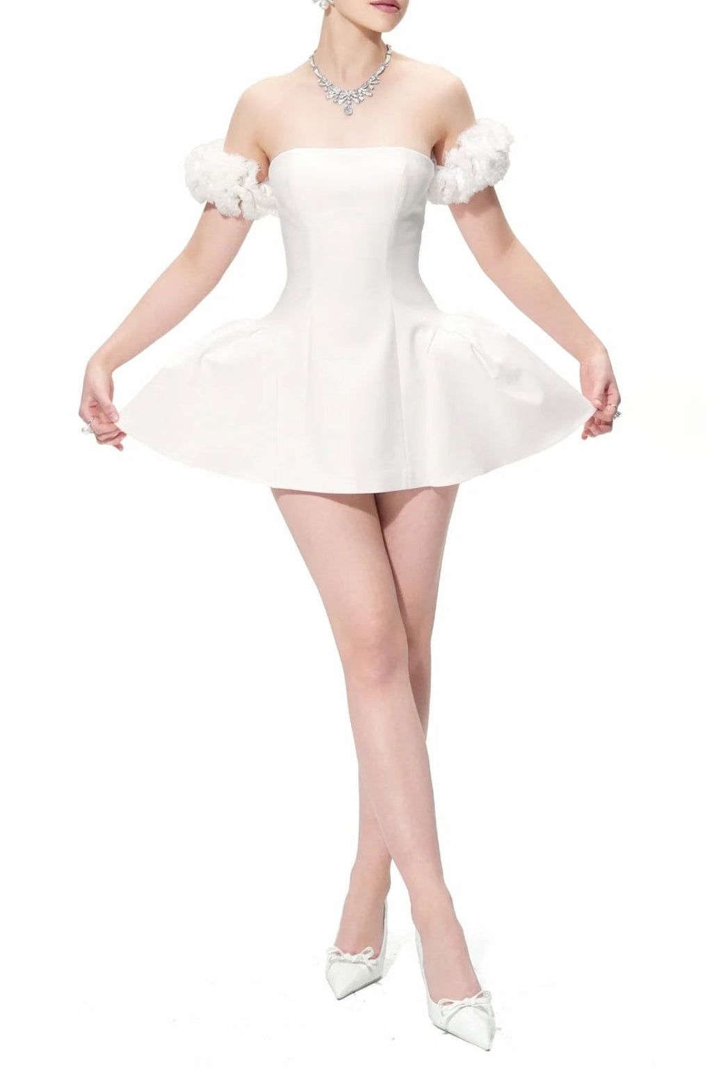Flowering Girl Women Sherry Flower Strapless Puffy Mini Dress In White