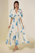 Flowering Girl Women susie Print Smocking Puff Sleeve Midi Dress - blue