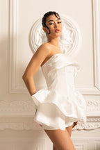 Elizabeth Strapless Draped Ruffle Mini Dress In White