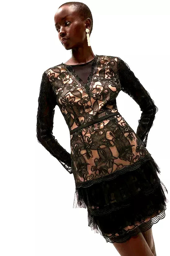 Flowering Girl Women black tulle ruffle hem embroidered lace mini dress