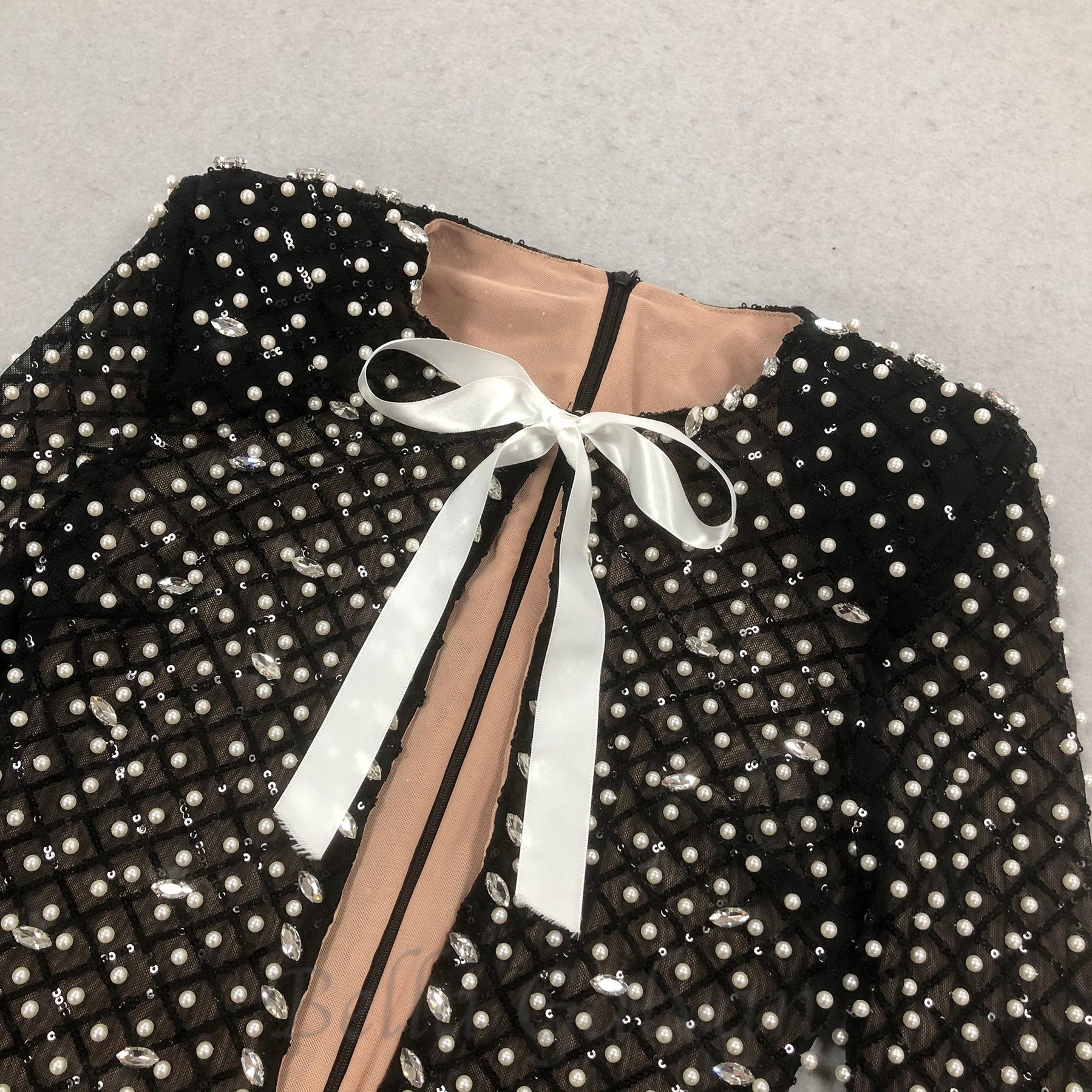 Flowering Girl Women pearl embellished cut out bow mini dress in black