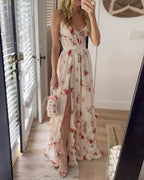 V-neck floral print high slit maxi dress - apricot