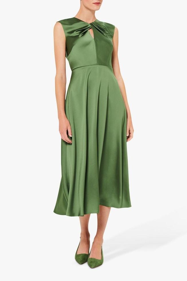Flowering Girl Women Twist Neck Satin Midi Dress In Green