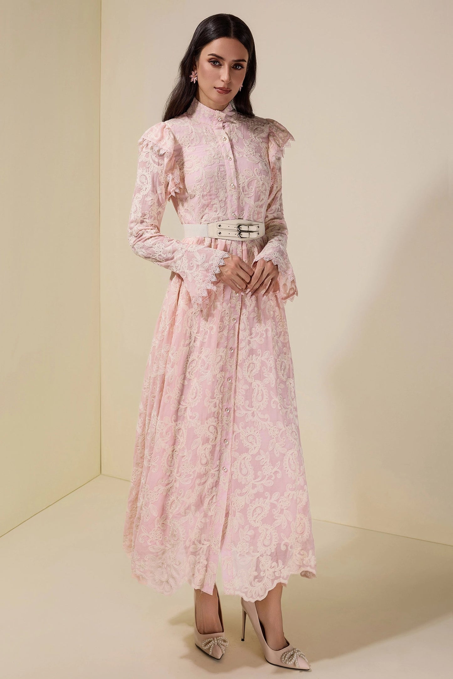 alma Chiffon Embroidered Single Breasted Midi Dress With Belt - pink
