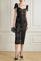 helen black Belted embellished cotton-blend lace midi dress