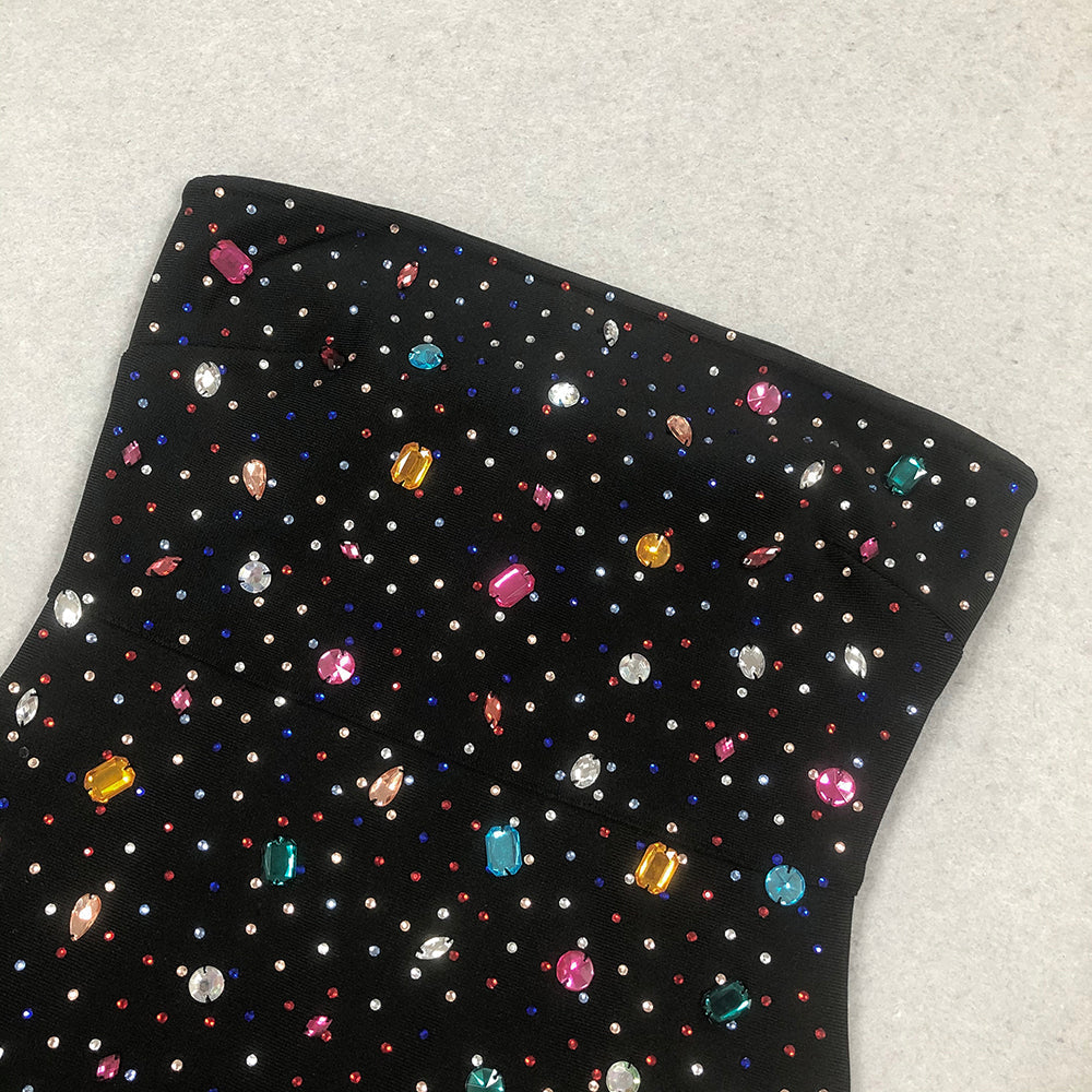 Flowering Girl Women multicolor-crystal embellished black strapless mini dress