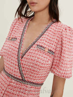 Flowering Girl Women Tweed dress with ethnic trim in pink