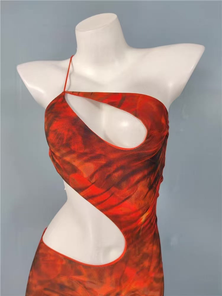 Flowering Girl Women Cut Out Printed Maxi Dress Orange